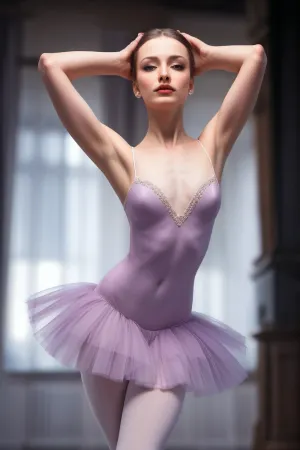 一个穿着Tutu和芭蕾舞鞋的女人站在镜子前,她的双手紧握着水槽的边缘,看着她的反射. 她的阴部湿润和闪闪发光,乞求注意. 她伸手来触摸