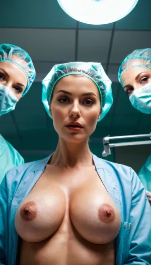 Sexy sensuous surgeons wearing masks and scrubs with open jackets revealing natural naked breasts, surgery, wielding scalpels, surgical caps, surgical assistants, surgical lamp, patient, operating table, view from below, woman out of frame