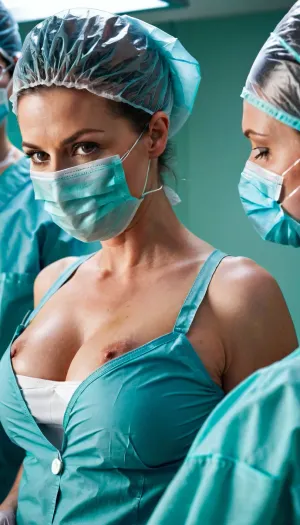 woman, Sexy sensuous surgeon wearing a mask and scrubs with open jacket revealing breasts, during a surgery, surgical assistants, patient