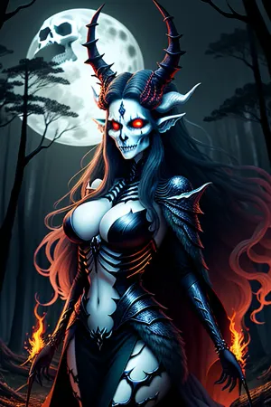 어두운 숲에서, 눈과 경이를 가진 여성은 키 큰 나무로 되는 동상의 앞에 서 있었습니다. 그녀는 자신의 머리에 skull을 터치 그녀의 손을 도달, 그녀는 그렇게했다, 동상은 삶에 왔습니다. 생물의 뿔 머리