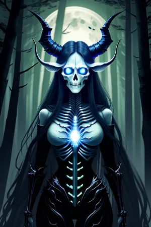 어두운 숲에서, 빛나는 눈과 경이를 가진 여자는 키가 서있다. 그녀의 skull glowed 에 the 밤하늘, 만들기 그녀의 looks 조차 더 otherworldly. 그녀는 숲을 통해 이동, 그녀의 ethereal 아름다움은 멀리 볼 수없는