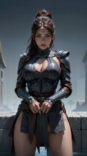 1girl, best quality, ultra-detailed, masterpiece, finely detail, highres, 8k wallpaper, sexy leather armored tiefling warlock with big tits and a slim waist plus thick thighs, elegant posture, dynamic pose, dynamic angle, dark fantasy, rembrant lighting, highly detailed castle overgrown with vegitation in the background, a confident plus dominant aura and demeanor, athletic body with tight abs and toned muscles, heavy weighty leather armor thats worn from battle, belts and straps, metal armor plating, leather breastplate, large metal gauntlets, large metal pauldrons, midevil knight with leather armor, bulky thick armor, crying, tears on cheeks, water droplets on breasts, sweaty skin, dimly light, soft gentle lighting, overgrown stone ruins, chain accessories, extremely detailed face with a strong jawline plus defined cheek bones plus freckles and beauty marks, stunningly beautiful face with a intoxicatingly seductive and aroused expression, radiating powerful sexual energy, overcast and rainy, cute tall nubile 18 year old girl, cute tall tight ass, thick heavy metal tassets, big bow in ponytail, playing with hair, hands on hips, arms crossed, chainmail, chainmail skirt, chainmail mini skirt, <lora:povDoggystyleLora1MB_povdoggy:.8>, <lora:uberRealisticPornMerge_urpmv12320LORA:.8>, FantasyBookCover, Style, fantasy, painting, <lora:Fantasy_Book_Style-04:.5>, tiefling, *read, model, description*, <lora:tiefling_offset:.5>