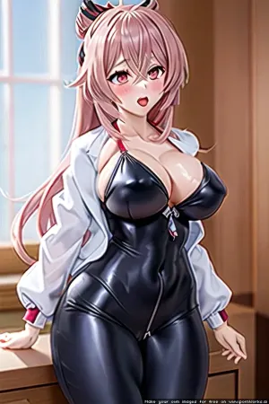 키가 크고 섹시한 하녀 복장 소녀, 그녀의 넓은 엉덩이와 섹시한 키 큰 몸, ahegao 인형에 대한 완벽한 적합이었다. 그녀는 빨간 얼굴과 그녀의 cleavage를 보여 화이트 셔츠를했다. 그녀의 눈은 빨간색이었다