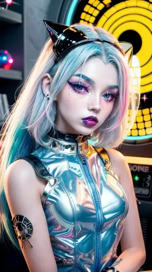照片中的年轻女子身穿防皮的太空服,戴着圆形的气泡玻璃头盔. 她有肌肉 穿着性感的黄色宇航服 她的头发剪短 和风格 大卷发,她有