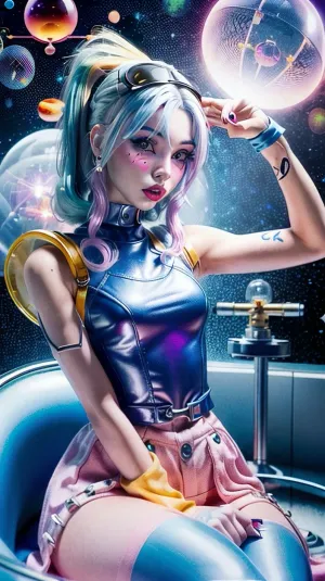 La jeune femme sur la photo porte un casque d'espace avec un casque en verre à bulles rond. Elle a des cheveux longs qui est coupé court et style avec une grosse coupe angulaire. Sa peau est blanche pâle, et elle a de hautes pommettes et un menton pointu