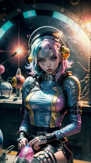 照片中的年轻女子穿着太空服,戴着圆形的气泡玻璃头盔,外形突出的是她苍白的白色皮肤. 她的双眼大而有表现力,有厚厚的黑色睫毛框框. 她的嘴唇又满又粗,又重音