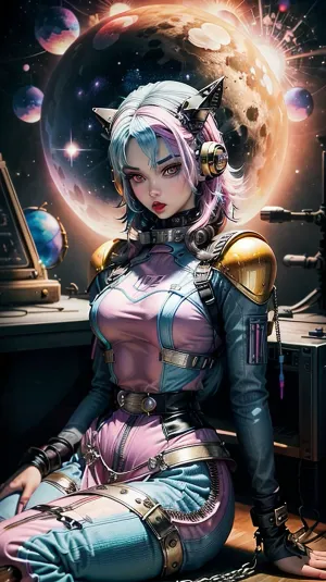 照片中的年轻女子身着太空头盔,头戴圆形气泡玻璃头盔. 她的头发很长, 后背长着, 皮肤苍白。 她的嘴唇满满粉色, 和她的大表情眼睛充满