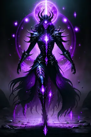 woman, (((8k quality, high definition, masterpiece, best quality))), fairy tale, body, (glowing eyes), half face on fire, slim body, muscular body, digitigrade, human hands with sharp fingernails, (mystical being:1.3), eldritch, dark magic, ritual, dark fantasy, arts, dancer, night, (bioluminescence), (Dark Souls theme:1.1), mythological creatures, shadow elemental, DRK_Glam, dark, armor, wearing, black and purple magic sphere between the hands, purple energy, purple glows, horns, Rune_Magic, Magic, Power, insanevoid, glowing, eyes, extra, horror, (theme\), <lora:Dark_Knight_MINI:.5>, <lora:Concept - Runemagic:.5>, <lora:insanevoid2:.5>