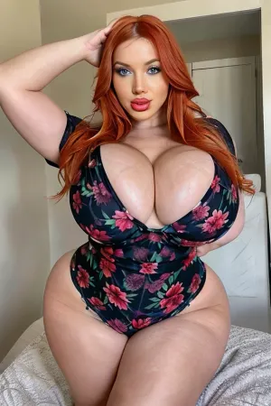 Una mujer gorda rizada y hermosa con pelo naranja, pechos enormes y ropa de stripper satinada apretada se sorprendió con el nivel de detalle en la foto de alta calidad. La textura de la piel era increíblemente realista, con altas imperfecciones de la piel detalladas visibles
