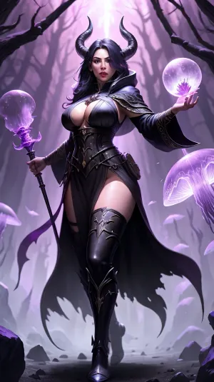 1woman, dnd, dungeons and dragons, athletik body, very sexy body, perfect body, perfect ass, perfect boobs, big boobs, mage robe, black mage robe, battle damaged robe, standing in a jellyfish forest at night, wearing knee boots, straps, strings, wielding a mage wand, tiefling, *read, model, description*, <lora:tiefling_offset:.5>, Rune_Magic, Magic, Power, <lora:Concept - Runemagic:.5>, jellyfishforest, <lora:[LoRA] Jellyfish forest  水月森 くらげもり Concept (With dropout & noise version):.5>, edgBlkMage, wearing, <lora:edgBlackMage:.5>