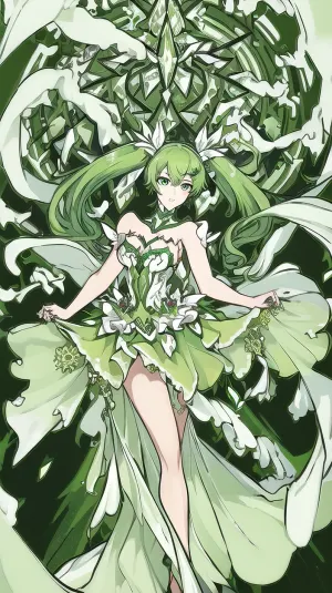 The AI generated a stunning picture of a girl with green hair and glowing eyes wearing an ultra-detailed halterdress with twintails, floating in mid-air