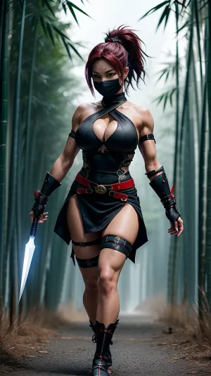 O ninja feminino desliza através da floresta de bambu com facilidade, wielding um shuriken em uma mão e um punhal no outro. Sua máscara é adornada com bordado de ouro, acrescentando a sua mística. Ela se mexe furtivamente