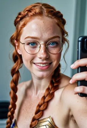 The ginger girl with freckles and a smile took a selfie in her mirror, showing off her ice blue eyes and braid over shoulder. She was wearing a topless wonder woman costume, glasses, and topping it off with a picture of