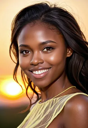 The young African girl with big eyes and a dimple cheek smile was dressed in a light lemon transparent tunic. She had full-length, naked tits, a slim waistline, and sharp jaw line. Her dark skin was visible under the