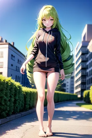 一个身体对称和相称的年轻女子,身着绿色的连帽衫和内衣,胸部大,完全竖立,体积大. 她的乳头又大又竖,阴毛又厚