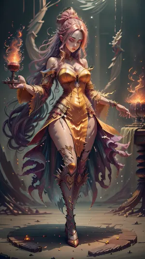 (best quality, photorealistic, masterpiece:1.3), 20 year old girl, cute tall and, very long hair, (disheveled:1.3), round ass, portrait, solo, half shot, detailed background, detailed face, (vamptech theme:1.1), smirk, (card-wizard:1.05), swindler, yellow magician outfit, dynamic pose, (cards floating in the air:1.15), flames in background, ethereal atmosphere, higly detailed textures, intricate details, myaf, pyrokinesis, fire, magic, fireball, fighting, stance, NodesTech, data-space, holographic, <lora:add_detail:.6>, <lora:Fire_VFX-000010:.5>, <lora:NodesTech-20:.5>, vamptech, blood, vampiric, <lora:VampiricTech-20:.5>, dress, <lora:water_dress-1.0:.5>, madeofwaterai, blue, red, yellow, purple, lime, green, pink, <lora:MadeofWaterAI:.5>