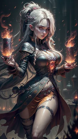 (best quality, photorealistic, masterpiece:1.3), 20 year old girl, cute tall and, very long hair, (disheveled:1.3), round ass, portrait, solo, half shot, detailed background, detailed face, (vamptech theme:1.1), smirk, (card-wizard:1.05), swindler, yellow magician outfit, dynamic pose, (cards floating in the air:1.15), flames in background, ethereal atmosphere, higly detailed textures, intricate details, myaf, pyrokinesis, fire, magic, fireball, fighting, stance, NodesTech, data-space, holographic, <lora:add_detail:.6>, <lora:Fire_VFX-000010:.5>, <lora:NodesTech-20:.5>, vamptech, blood, vampiric, <lora:VampiricTech-20:.5>