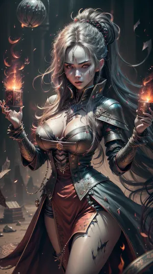 (best quality, photorealistic, masterpiece:1.3), 20 year old girl, cute tall and, very long hair, (disheveled:1.3), round ass, portrait, solo, half shot, detailed background, detailed face, (vamptech theme:1.1), smirk, (card-wizard:1.05), swindler, yellow magician outfit, dynamic pose, (cards floating in the air:1.15), flames in background, ethereal atmosphere, higly detailed textures, intricate details, myaf, pyrokinesis, fire, magic, fireball, fighting, stance, NodesTech, data-space, holographic, <lora:add_detail:.6>, <lora:Fire_VFX-000010:.5>, <lora:NodesTech-20:.5>, vamptech, blood, vampiric, <lora:VampiricTech-20:.5>