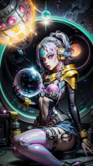 Une jeune femme portant un Space Uniforme avec de grandes bulles rondes casques en verre, corps bimbo, caza, générer, porno, photo avec de grandes poitrines. Elle a les bras musculaires couverts de tatouages et porte des lunettes épaisses qui magnifient son bleu vif
