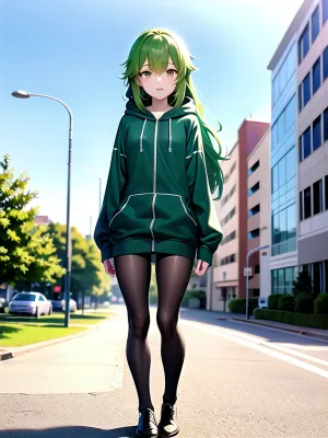 与身着8K型优质街道服装的女生一起拍摄的8K质量街景,用全身和部分裸体,绿色的连衣衫,对称的眼睛,锋利的鼻子,中长的钉子,大黄素和阴道来强化