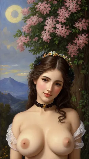very beautiful oil painting, impressionism, kind painting, soulful painting, humane painting, high quality, light-colored clothes, portrait of a lovely naked sexy girlfriend, black choker, flowers in hair, very beautiful face, very beautiful faces, beautiful person, beautiful people, sensual girl, girl with the figure of Venus de Milo, masterpiece oil painting, erotic pose, flowers covering boobs