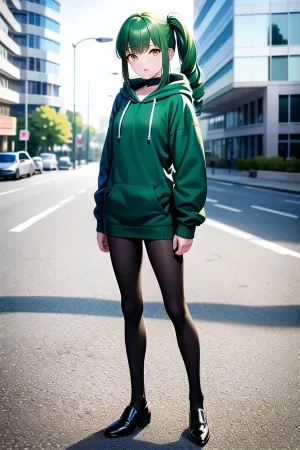 AI生成的照片显示,一个18岁的女孩在一条多层楼的街道上,身着超现实和庞大的身体。 她有清晰的画面,更高的锐度,8K质量,超现实的影子,绿色的罩子