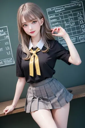 La ragazza nella foto ha un bellissimo corpo superiore e capelli lunghi marrone, rivelando la sua vagina esposta. Ha un taglio di capelli marrone platino e indossa un vestito corto che mostra le gambe e il nastro del collo. Il suo sorriso è dinamico, mostrandole