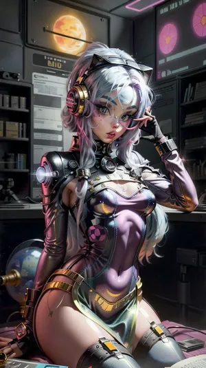 La jeune fille dans l'image porte un costume d'espace avec un grand verre rond et un design angulaire distinctif. Ses lèvres sont pleines et roses, et ses épais cils noirs accentuent sa peau blanche pâle. Ses seins sont gros et ronds, couverts par