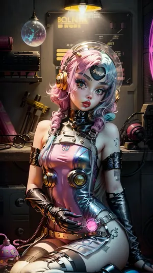 La chica retro-pinup en la imagen está usando un uniforme espacial con un gran uniforme de oro y espacio rosa, caza corte de pelo en el peinado scifi de 1970, características angulares, grandes pómulos y grandes ojos expresivos. Ella