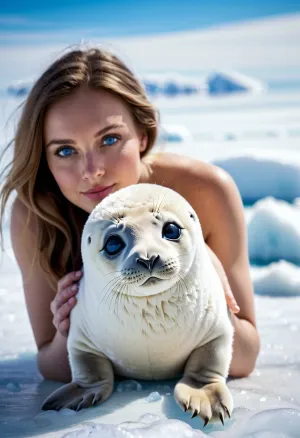 woman, Cute baby seal, soft toy, white, fluffy, big blue eyes, lying on his palms, against the background of the frozen sea, ice