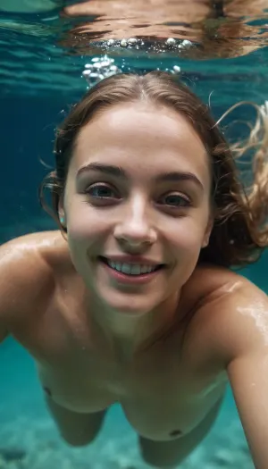 Nude smiling woman diving and swimming under water, closeup