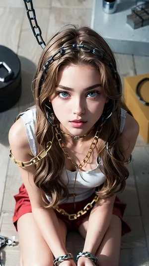 (chained_up:1.8), <lora:chained_up:1>, (sitting on floor:1.8), (from above:1.8), (full body view:1.8), a woman, (gorgeous:1.6), (realistic photo:1.2), (nude:1.2), 8K, (insanely detailed:1.6), 19 years old, (symmetrical eyes:1.2), (light brown hair:1.5), (disheveled hair:1.4), medium-length hairstyle, beautiful makeup, red lips, (French:1.4), (middle part of the chest:1.4), full-length photo, slim figure, (perfect eyes:1.2), (masterpiece:1.2), <lora:age_slider_v20:-2>