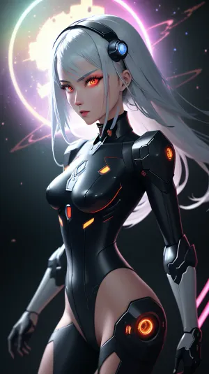 masterpiece, best quality, ultra-detailed, very detailed illustrations, extremely detailed, intricate details, highres, super complex details, extremely detailed 8k cg wallpaper, cowboy shot, caustics, reflection, ray tracing, demontheme, nebula, dark aura, cyber effect, (1girl:1.4), solo, alone, mecha musume, mechanical parts, robot joints, single mechanical arm, mechanical halo, star halo, intricate mechanical bodysuit, mecha corset, full armor, very long hair, white hair, hair between eyes, multicolored hair, colored inner hair, red eyes, glowing eye, eye trail, random expressions, random action, ancient japanese architecture, pond, starry sky, skyline, 0.8>, .5>, lucy, (cyberpunk\), (nikke\), yorha, no., 2, type, b, mecha, musume, mechanical, parts, robot, joints, headgear, <lora:lucy_offset:.5>, <lora:yorha_noDOT_2_type_b:.5>, <lora:weight_slider-LECO-v1:-1>, <lora:age_slider_v20:-2>, <lora:breastsizeslideroffset:-0.3>