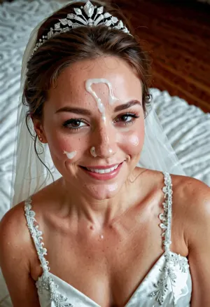 3/4 body shot of happy woman wearing wedding dress with cum on her forehead, facial, <lora:Facials:.5>