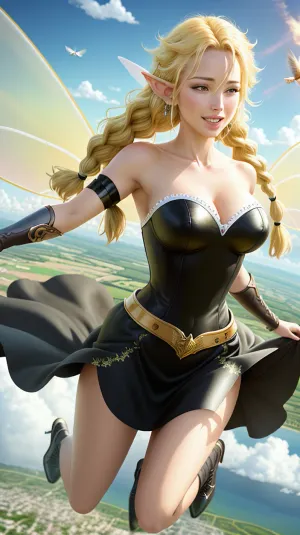 woman, photorealistic, (4k), depth of field, (Masterpiece), (realistic skin texture), extremely detailed, intricate, hyper detailed, professional photography, bokeh, high resolution, sharp detail, best quality, fairy, black dress, strapless dress, (fairy wings:1.2), blonde hair, twin braids, gold belt, black armguards, armlets, yellow eyes, (flying:1.5), above clouds, in sky, blue sky, (clouds:1.3), between clouds, happy, landscape far away, <lora:Ramiris:.5>