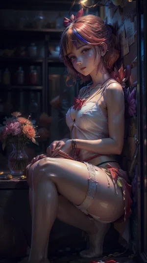 AI-generatedテキストは、低ポニーテールで髪の毛で美しく繊細な女性を記述し、ストローハットを身につけ、静寂の美を表現したビューアを見渡せます。 レイトレーシング技術を使用してポートレートが作成され、8で表示されます