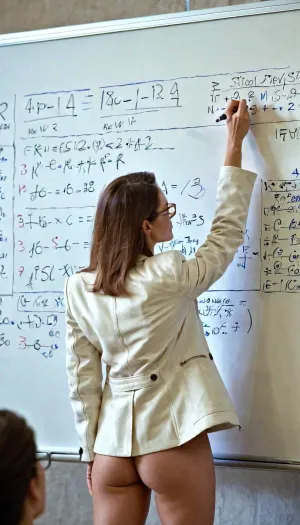 La femme sur la photo est un professeur d'université qui explique les formules de physique sur un tableau blanc. Elle porte une veste et la ramène à la caméra, mais sa silhouette est visible à travers le tissu de sa chemise. En arrière-plan, il y a