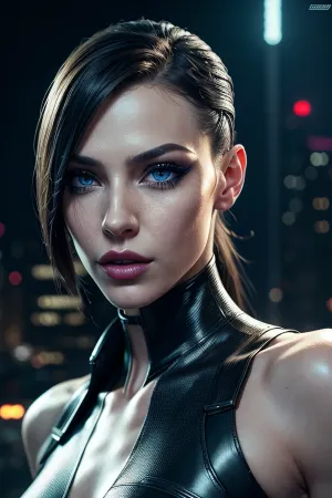 View from belowhyper realistic ultra detailed photograph of one beautiful cyberpunk Russian girl 25. Wants ti seduce you, intricate detail, exquisite detail, insanely detailed, dark hair, silky hair, hair tied back at sides with high front bump, perfect face, perfect nose, full lips, very sexy, fashion pose, symmetric matching blue eyes, detailed gorgeous face, cyberpunk environment, skinny body, (makeup), lipstick, (long eyelashes:1.1), corset, (portrait), fantasy, HD, skin pores, extreme mouth detail, realistic freckles, detailed skin, realistic skin, High Res, 4k, masterpiece, Ultra realistic, natural skin tone, high definition, high quality