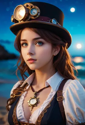 Une capture d'écran steampunk d'une fille portant andress sur une plage la nuit, avec de beaux yeux détaillés, bokeh, profondeur floue, style anime, clé visuelle et animé studio