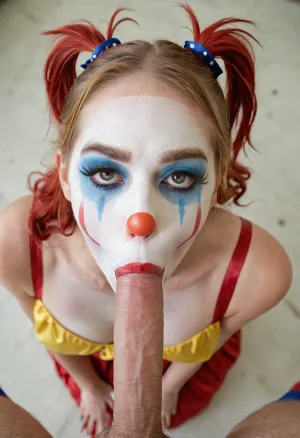 The AI-generated porn picture features a young beautiful 18 years old skinny clown girl with a veiny penis in her mouth, perfect eyes, and Dappled Light back long multi-colored high twin ponytails. She is wearing a white clothe