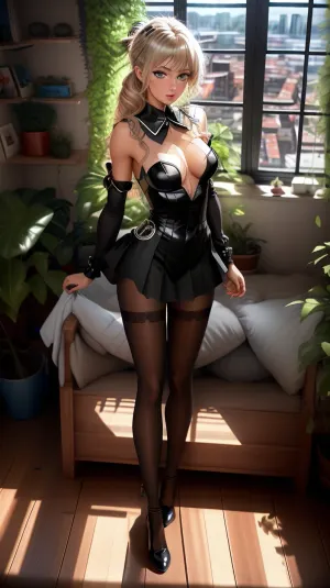 La fille dans la chambre avec des plantes debout à côté d'une grande fenêtre portait un costume de marin et avait les bras parfaits. Elle avait des yeux symétriques, une focalisation aiguë et un œillet noir. Ses cheveux étaient blonds cheveux bouclés qui ont encadré son visage parfaitement