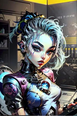 beautiful 20 year old woman, (wearing silk spacesuit:1.3), sitting on edge of rocket, cute tall face, ponytail, happy, in space, low angle, looking down, looking at camera, excited, lusty smile, long hair, perfect teeth, hair up, leaning forward, perfect fingers, eager, ginger hair, round earrings, hands in lap, view from down below, Girl wearing a space helmet on a 1970s book cover sitting on a rocket in space, bimbo, huge lips, bimbo body, caza, <lora:CazA-08:1>, 1970s scifi, (1950s science fiction:1.4), (perfect hands:.7), ((perfect face:.7)), sexy yellow látex spacesuit, (neon pink and gold spacesuit:1), glass helmet, ((round bubble glass helmet)), ((goth, emo, emo girl:1.4)), (pale white skin), (Goth Punk Hair), (Muscular body), Tattoos, (long colorful bright blue hair:1.5), distinctive angular hair cut with large colorful forelocks framing her face. large green eyes with thick black eyelashes, determined expression, (Gold and pink Space Uniform), big butt, wears a black choker, She has a slender and athletic build, Angular Facial Features, high cheekbones and a pointed chin. She wears pink lipstick, <lora:weight_slider-LECO-v1:-1>, <lora:age_slider_v20:-3>, <lora:breastsizeslideroffset:-0.2>, mgoth, <lora:ModernGoth_Beta3:.7>, retro-pinup, <lora:SD15 - TangoOne-PinupStyle:.9>, atompunkstylesd15, <lora:URPMv1.3_LORA_296:.5>, <lora:punk_woman-dd-merge-lora-ns:.5>