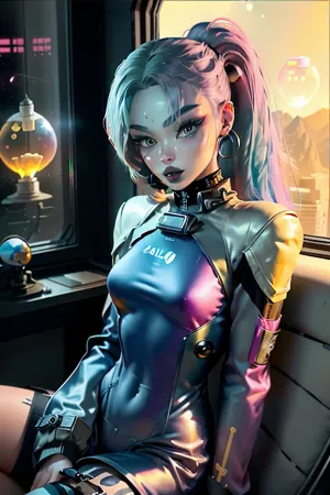 beautiful 20 year old woman, (wearing silk spacesuit:1.3), sitting on edge of rocket, cute tall face, ponytail, happy, in space, low angle, looking down, looking at camera, excited, lusty smile, long hair, perfect teeth, hair up, leaning forward, perfect fingers, eager, ginger hair, round earrings, hands in lap, view from down below, Girl wearing a space helmet on a 1970s book cover sitting on a rocket in space, bimbo, huge lips, bimbo body, caza, <lora:CazA-08:1>, 1970s scifi, (1950s science fiction:1.4), (perfect hands:.7), ((perfect face:.7)), sexy yellow látex spacesuit, (neon pink and gold spacesuit:1), glass helmet, ((round bubble glass helmet)), ((goth, emo, emo girl:1.4)), (pale white skin), (Goth Punk Hair), (Muscular body), Tattoos, (long colorful bright blue hair:1.5), distinctive angular hair cut with large colorful forelocks framing her face. large green eyes with thick black eyelashes, determined expression, (Gold and pink Space Uniform), big butt, wears a black choker, She has a slender and athletic build, Angular Facial Features, high cheekbones and a pointed chin. She wears pink lipstick, <lora:weight_slider-LECO-v1:-1>, <lora:age_slider_v20:-3>, <lora:breastsizeslideroffset:-0.2>, mgoth, <lora:ModernGoth_Beta3:.7>, <lora:SD15 - TangoOne-PinupStyle:.9>, atompunkstylesd15