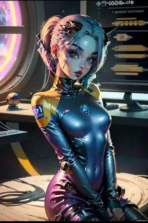beautiful 20 year old woman, (wearing silk spacesuit:1.3), sitting on edge of rocket, cute tall face, ponytail, happy, in space, low angle, looking down, looking at camera, excited, lusty smile, long hair, perfect teeth, hair up, leaning forward, perfect fingers, eager, ginger hair, round earrings, hands in lap, view from down below, Girl wearing a space helmet on a 1970s book cover sitting on a rocket in space, bimbo, huge lips, bimbo body, caza, <lora:CazA-08:1>, 1970s scifi, (1950s science fiction:1.4), (perfect hands:.7), ((perfect face:.7)), sexy yellow látex spacesuit, (neon pink and gold spacesuit:1), glass helmet, ((round bubble glass helmet)), ((goth, emo, emo girl:1.4)), (pale white skin), (Goth Punk Hair), (Muscular body), Tattoos, (long colorful bright blue hair:1.5), distinctive angular hair cut with large colorful forelocks framing her face. large green eyes with thick black eyelashes, determined expression, (Gold and pink Space Uniform), big butt, wears a black choker, She has a slender and athletic build, Angular Facial Features, high cheekbones and a pointed chin. She wears pink lipstick, <lora:weight_slider-LECO-v1:-1>, <lora:age_slider_v20:-3>, <lora:breastsizeslideroffset:-0.2>, mgoth, <lora:ModernGoth_Beta3:.7>, retro-pinup, <lora:SD15 - TangoOne-PinupStyle:.9>, atompunkstylesd15