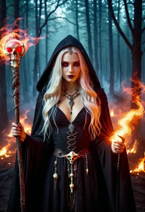 (dark fantasy style:1.4), (epic mysterious scene:1.2), young beautiful witch girl 18 years old, skinny, (thin waist:1.2), long tangled dirty white hair, (girl with a evil smile looks at the camera:1.2), (long cloak with hood:1.2), (bone jewelry:1.4), (magic staff:1.2), (bloody makeup), (burning red eyes:1.2), (magical energy in the girl's hand:1.5), (dark swamp in the background), (darkness:1.5), fog, mist, (colorful magic light:1.3), <lora:XL_Weapon_Orbstaff_-_By_HailoKnight:.5>, <lora:Dark Fantasy:.5>, <lora:dark_fantasy_art:.5>