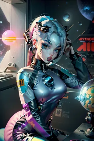 beautiful 20 year old woman, (wearing silk spacesuit:1.3), sitting on edge of rocket, cute tall face, ponytail, happy, in space, low angle, looking down, looking at camera, excited, lusty smile, long hair, perfect teeth, hair up, leaning forward, perfect fingers, eager, ginger hair, round earrings, hands in lap, view from down below, Girl wearing a space helmet on a 1970s book cover sitting on a rocket in space, bimbo, huge lips, bimbo body, caza, <lora:CazA-08:1>, 1970s scifi, (1950s science fiction:1.4), (perfect hands:.7), ((perfect face:.7)), sexy yellow látex spacesuit, (neon pink and gold spacesuit:1), glass helmet, ((round bubble glass helmet)), ((goth, emo, emo girl:1.4)), (pale white skin), (Goth Punk Hair), (Muscular body), Tattoos, (long colorful bright blue hair:1.5), distinctive angular hair cut with large colorful forelocks framing her face. large green eyes with thick black eyelashes, determined expression, (Gold and pink Space Uniform), big butt, wears a black choker, She has a slender and athletic build, Angular Facial Features, high cheekbones and a pointed chin. She wears pink lipstick, <lora:weight_slider-LECO-v1:-1>, <lora:age_slider_v20:-3>, <lora:breastsizeslideroffset:-0.2>, mgoth, <lora:ModernGoth_Beta3:.7>, retro-pinup, <lora:SD15 - TangoOne-PinupStyle:.9>, atompunkstylesd15