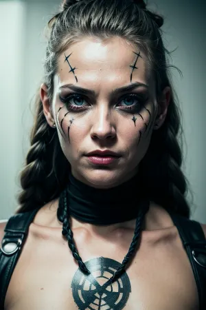 La donna nell'intelligenza artificiale generato horror, pornografica, immagine con massimo 5 frasi e bassa saturazione indossa un vestito scuro con effetti di luce dura. Lei ha un sudore, haze lucente sulla sua pelle e indossa un vestito scuro