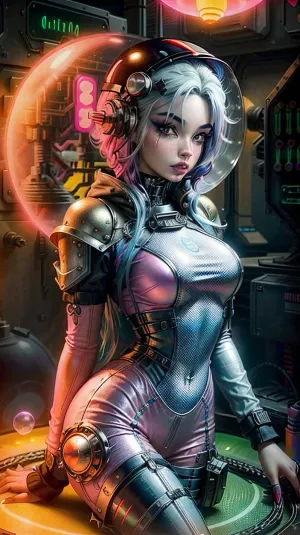 bmb-fc, <lora:bimbo-fc-1.6a:1.2>, Girl wearing a space helmet sitting on a rocket in space, 1970s scifi, (1950s science fiction:1.5), (intricate details:.7), (film grain:.5), (freckles, goosebumps, pores:.8), <lora:more_details:.5>, caza, <lora:CazA-08:.6>, cute tall face, long hair, sexy yellow látex spacesuit, (neon pink gold spacesuit:1), glass helmet, ((round bubble glass helmet)), ((goth, emo, emo girl:1.4)), (pale white skin), (Goth Punk Hair), (Muscular body), Tattoos, (long colorful bright blue hair:1.5), distinctive angular hair cut with large colorful forelocks framing her face. large green eyes with thick black eyelashes, determined expression, (Gold and pink Space Uniform), big butt, wears a black choker, She has a slender and athletic build, Angular Facial Features, high cheekbones and a pointed chin. She wears pink lipstick, <lora:weight_slider-LECO-v1:-1>, <lora:age_slider_v20:-2>, <lora:breastsizeslideroffset:-0.2>, mgoth, <lora:ModernGoth_Beta3:.7>, atompunkstylesd15