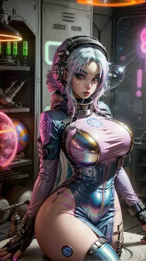 bmb-fc, <lora:bimbo-fc-1.6a:1.2>, Girl wearing a space helmet sitting on a rocket in space, 1970s scifi, (1950s science fiction:1.5), (intricate details:.7), (film grain:.5), (freckles, goosebumps, pores:.8), <lora:more_details:.5>, caza, <lora:CazA-08:.6>, cute tall face, long hair, sexy yellow látex spacesuit, (neon pink gold spacesuit:1), glass helmet, ((round bubble glass helmet)), ((goth, emo, emo girl:1.4)), (pale white skin), (Goth Punk Hair), (Muscular body), Tattoos, (long colorful bright blue hair:1.5), distinctive angular hair cut with large colorful forelocks framing her face. large green eyes with thick black eyelashes, determined expression, (Gold and pink Space Uniform), big butt, wears a black choker, She has a slender and athletic build, Angular Facial Features, high cheekbones and a pointed chin. She wears pink lipstick, <lora:weight_slider-LECO-v1:-1>, <lora:age_slider_v20:-2>, <lora:breastsizeslideroffset:.4>, mgoth, <lora:ModernGoth_Beta3:.7>, atompunkstylesd15