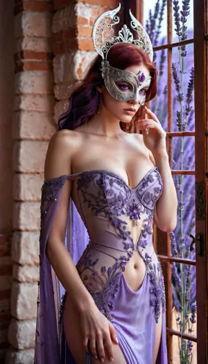 Una ragazza dai capelli lavanda con occhi viola, indossando un vestito nero-rosso e maschera, con dettagli intricati e seni naturali, divario coscia, copricapo con design off-shoulder, e un mezzo updo